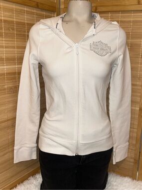 Harley Davidson Women's White Embroidered Zip Up Hooded jacket hoodie size M